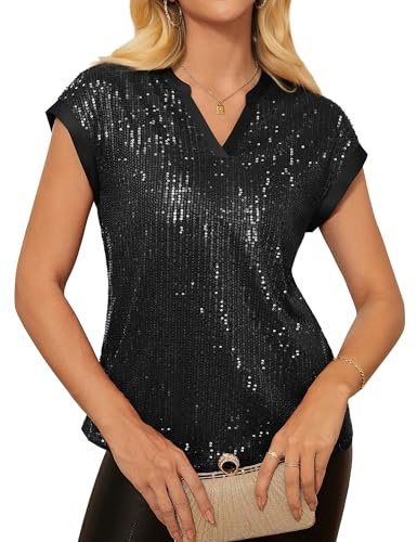 GRACE KARIN Womens Black Tops V Neck Cap Sleeve Party Blouse Dressy Fall Sequin Shirts 2026 Trendy Fashion Black XL