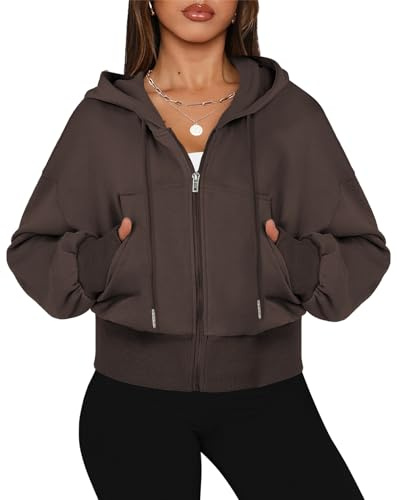 OLIPHEE Sweatjacke Damen mit Kapuze Kurz Langarm Kapuzenpullover Damen mit Reißverschluss und Großen Taschen Cropped Hoodie Baumwolle Sport Y2K Kaffee M