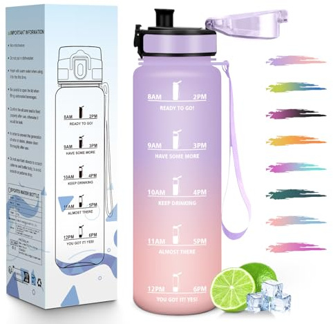 HoneyHolly Botella Agua, 1L, Marcador de Tiempo, Portátil, Cantimplora, Reutilizable, Botella Agua Gimnasio, A Prueba de Fugas, Cantimplora para Gimnasio, Ciclismo, Oficina y Exteriores