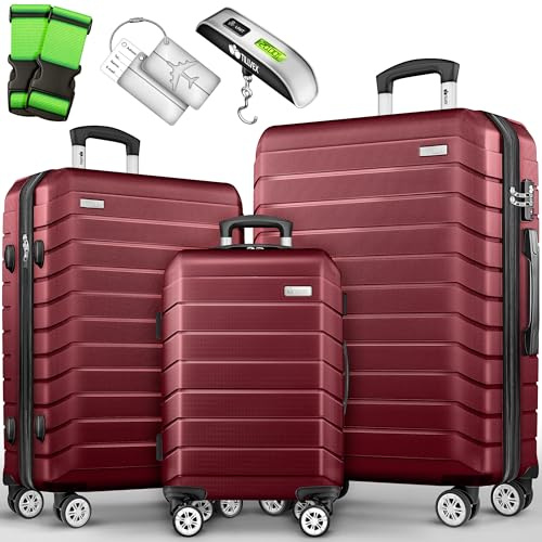 tillvex® Set de 3 Valises de Voyage + Balance, 3 Sangles à Bagages et 3 étiquettes à Bagages | Lot de valises avec roulettes et TSA Lock | Sacs de Voyage à Coque Rigide M-L-XL (Rouge)