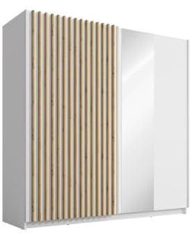 Vente-unique - Armoire 2 Portes coulissantes - avec Miroir - L200 cm - Blanc et Naturel - TINDANIA