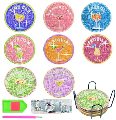 Diamond Painting Dessous sous Verre de à Cocktail, 8 Pièces Diamant Peinture Dessous avec Spport, Kit Mosaique Adulte, pour Loisirs Créatifs, Kits de Peinture Diamant pour Tasse pour Adulte Enfants