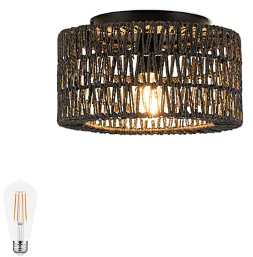 Adebime Boho Deckenleuchte Rund Ø30 cm Rattan Optik Metall, 800 Lumen Warmweiß (2700K), Vintage Deckenlampe für Flur Wohnzimmer Schlafzimmer, E27 Fassung inkl. 8W LED [Energieklasse E]