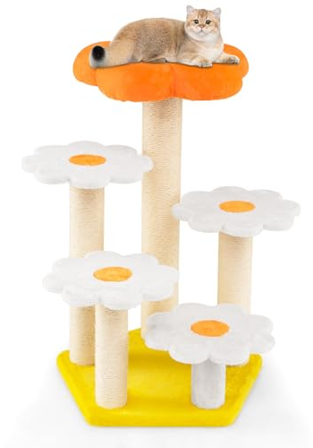 COSTWAY Grand Arbre à Chat à Thème Floral 90 cm, Arbre a Chat Design, 5 Plateformes, 4 Poteaux à Griffer en Sisal, Tour pour Chaton, Tissu Peluche Doux, 59 × 56 × 90 cm