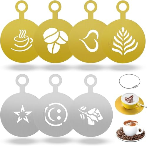 JNZLT 7 Stück Kaffeeschablonen Zubehör, Edelstahl Kaffee Dekoration Schablonen mit 1 Stück Stahldrahtring für DIY Cappuccino, Schokolade, Kuchen