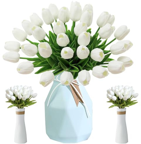 MaiWanTryst Fleur Artificielle Tulipe, 12 Pièces Simple Tige Tulipe, Fausses Fleurs, Polyuréthane Latex Tulipes, Tulipes Artificielles en Latex, pour Maison, Mariage, Arrangements Floraux (Blanc)