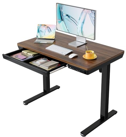HUANUO Höhenverstellbarer Schreibtisch mit Schublade, 100x60 cm, Nussbaum | Ganze Tischplatte, USB-Ladeanschluss, 3 Speicherplätze, elektrisch höhenverstellbar, stabiler und leiser Motor.