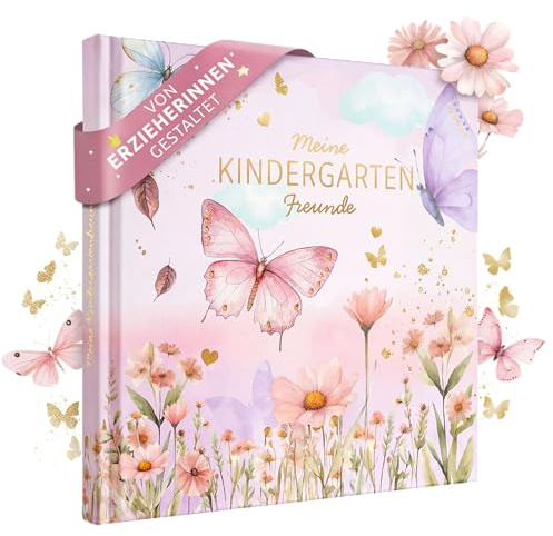 EULENTALER Freundebuch Kindergarten Mädchen | Von Erzieherinnen gestaltet | Mit handgemalten Schmetterlingen, Goldprägung, 6 Erzieherinnen Seiten und kinderfreundlich, Freundschaftsbuch Schmetterling