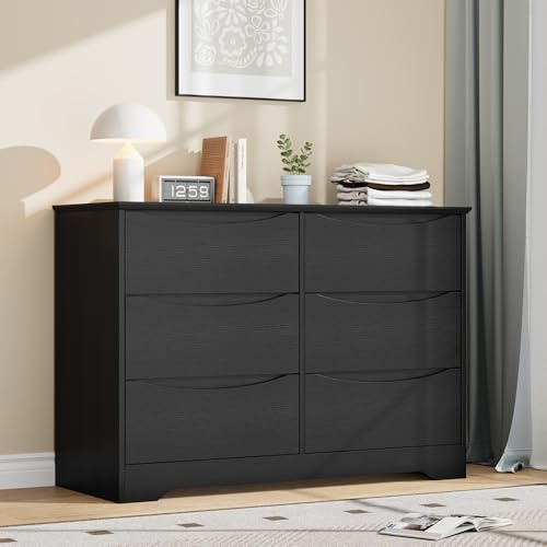 Garvee Wooden Dresser with 6 Drawers, Tall Modern Closet with Deep Storage, Large Chest of Drawers with Wide Top, Long Storage Dresser for Bedroom, Living Room, Hallway, Kids Room, Black