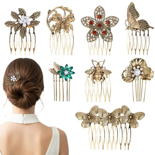 8 Stück Vintage Haarkamm Zum Stecken Retro Gold Haarkämme Mit Perlen Strass | Damen Haar Seite Kämme, Frauen Dekorative, Schmetterlings Blumen, Französischer Seitenkamm, Braut Haar Accessoires, Hochzeit