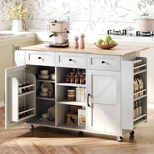 Bonnlo 120x75x89cm Kitchen Island on Wheels with Breakfast Bar, Large White Kitchen Island with Storage, 2 Doors & 3 Drawers