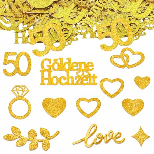 Ovanda Goldene Hochzeit Deko Konfetti aus hochwertigem Glitzerpapier für Tischdeko und Streudeko zur Goldenen Hochzeit 50 mit Herz Eukalyptus und Ring Motiv 100 Stück Streudeko Hochzeits Konfetti Gold