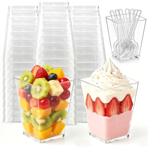 Cayxenful 150ml /5OZ Plastic Dessert Cups with Spoons, 50 Pack Reusable Clear Mini Dessert Cups, Square Dessert Bowls, Cheesecake Pots, Dessert Containers for Pudding, Fruit, Mousse,Ice Cream,Parfait