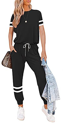 Litthing Damen Trainingsanzug Jogginganzug 2 Stücke Set Kurzarm Top/Hose Freizeitkleidung Sportswear für Running Yoga Gym