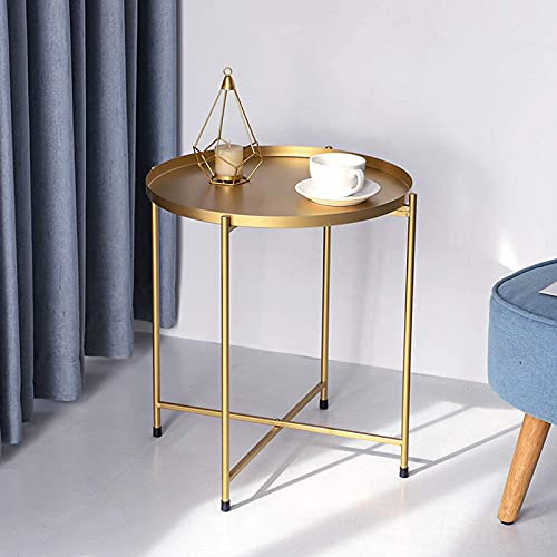 PENNY73 Tablett Metall Runder Beistelltisch Klappbarer Kleiner Beistelltisch Outdoor & Indoor Couchtisch für Kleine Räume Schlafzimmer Terrasse,Gold