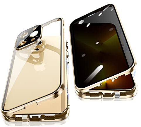 Jonwelsy Anti Peeping Hülle für iPhone 13 Pro (6,1), 360 Grad Schutz Case, Privatsphäre Gehärtetes Glas Anti-Spähen Cover, Stark Magnetische Adsorption Metallrahmen Handyhülle für 13 Pro (Gold)