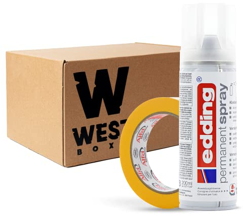 W West Boxx Premium Acryllack Spray 200 ml in Klarlack Glänzend im Set mit Kreppband Gold 25mm x 50m Typ 521, für exakte Farbkanten