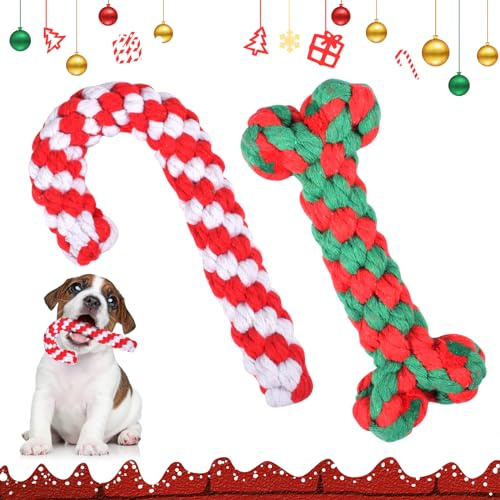 2 Stück Hundespielzeug Seil,Weihnachten Hundespielzeug,Hundespielzeugseil aus Baumwolle,Interaktives Hunde Spielseil für Zahnreinigung,Weihnachts Zuckerstange Seil,Hunde Kauspielzeug