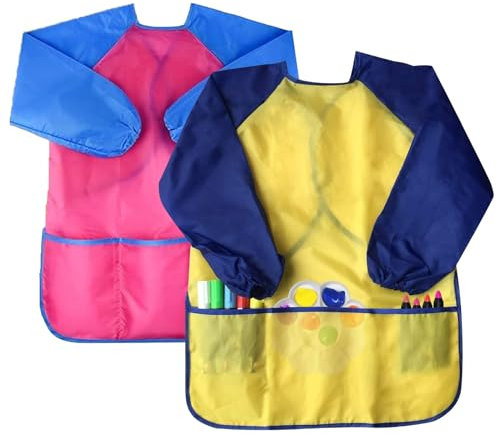 HZZXCH 2 Pieces Kids Art Aprons Yellow and Rose Red Kids Aprons for Painting Waterproof Kids Art Smock with Long Sleeve and 3 Pockets Safe Children's Artist Painting Smocks for Boys and Girls