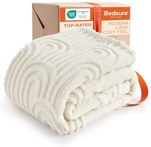 Bedsure GentleSoft Boho Throw Blanket for Couch - Cozy Soft Summer Blankets for Beds, Fuzzy Fleece Throw for Women, Boho Home Room Decor Aesthetic Modern Farmhouse Decor, Off White, 50x60 Inches
