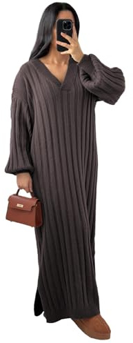 Hamishkane® Womens Rib Knitted Dress, Long Balloon Sleeve V Neck Maxi Dress, Longline Side Split Dress, Casual Knitted Jumper Dress, Winter Maxi Dresses for Women UK