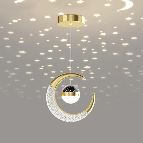 Kreativer Stern-Kronleuchter, warmes Nachttisch-Schlafzimmer, LED-Lampe, Pendelleuchte mit Mond- und Sternprojektion, 10W Hängebeleuchtung Deckenlampe Hängelampen Schlafzi (Gold (Warmweiß 3000K))
