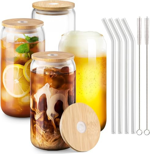 MEETOZ 4 Set 500ml Finew Glass Cups with Bamboo Lids and Glass Straws | Reusable Can Shaped Glass Cups Set,for Smoothies, Beer, Cola, Juice, Soda