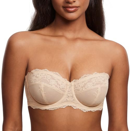 DOBREVA Women's Lace Strapless Bra See Through Unlined Sheer Convertible Underwire Plus Size Bras Beige 36F