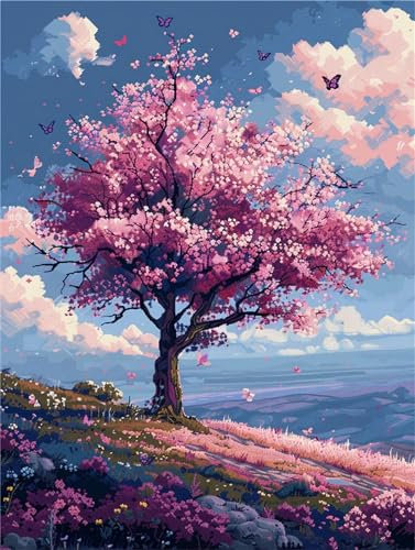 Kirschbaum Malen Nach Zahlen Erwachsene, Landschaft Malen Nach Zahlen Klein 50x70cm, DIY Handgemalt Ölgemälde Kit für Anfänger Bastelset Erwachsene, Acrylfarben Set Wand Deko Bilder Ohne Rahmen, Gifts