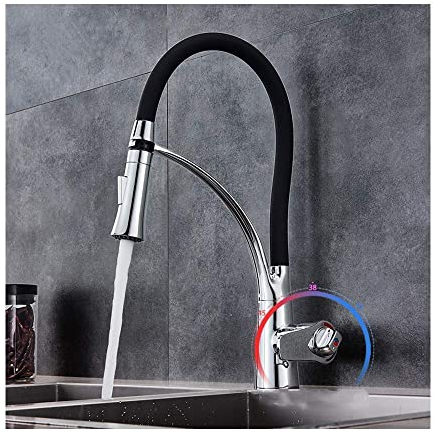 Thermostatischer Küchenhahn mit herunterziehbarer Brause 360 ​​176; Rotation, Messing-Küchenspüle-Wasserhahn, Einloch-Einhebelmischer, Deckmontage, hoher Bogen, Küchenspüle-Mischbatterie