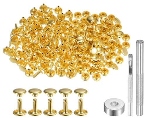 QUARKZMAN 200 Ensembles de Rivets en Cuir 9mm x 10mm Métal avec Double Capuchon, Attaches Pression et 3 Outils de Pose Rivet à Frapper pour Réparation de Projets de Maroquinerie, Dorée