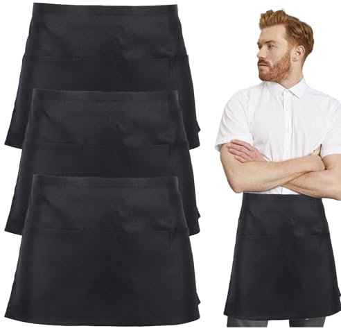 UILYNIU 3 Pezzi Grembiule,Mezzo Grembiuli da Cucina con 3 Tasche,Grembiuli da Cucina Grembiule Nero Cameriere,per Uomini Donne, Grembiule Corto Cameriera, Grembiule per Bistrot,Ristorante (nero)