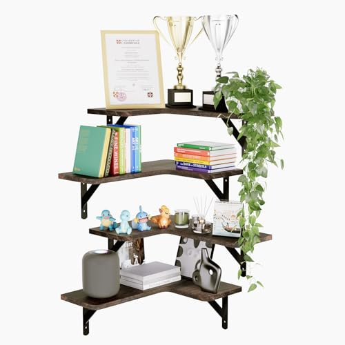 Viymgit Eck-Schwimmregale 4er Set, L-förmiges Eckregal aus Holz für die Wand, braune Wandregale zur Aufbewahrung für Wohnzimmer, Büro, Küche, Schlafzimmer, Bad und Heimdekoration