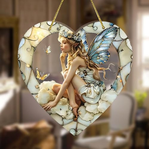Stained Glass Suncatchers for Windows, Flower Fairy Acrylic Window Hanging, Fairy Ornament for Christmas Decorations, Elf Girl Art Stained Glass Chain for Window Garden Decorations (Butterfly Fairy-2)