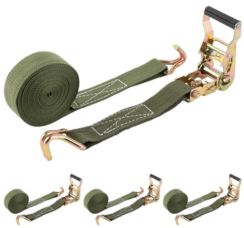 SHUESS 4er Set Spanngurte mit Ratsche und Haken 5m x 38mm, Spanngurt Automatik Ratschengurt autotransport 800kg Zugkraft bruchfest mit J-Haken für Autotransport Auto Motorrad LKW Ladungssicherung Grün