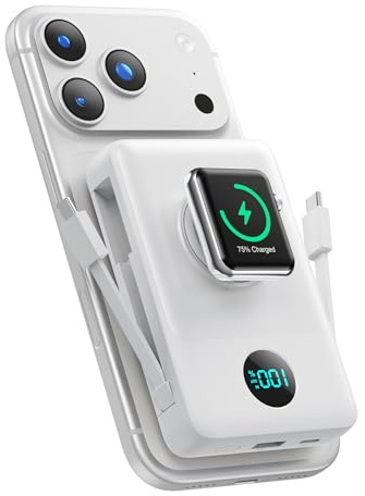 Magnetic Power Bank 10800mAh for iPhone with Built-in Cables, 6-in-1 Wireless Portable Charger with iWatch Charger, 25W PD Fast Charging Battery Pack for iPhone 16/15/14/13/12 (White, 10800mAh)