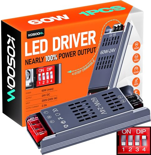 Kosoom Transformateur LED 24v 60W 2.5A 1pcs 230V 220V alim DC Transfo pour ruban LED driver dimmable alimentation basse tension transfo pour power supply tranformateur Alimentation 24v