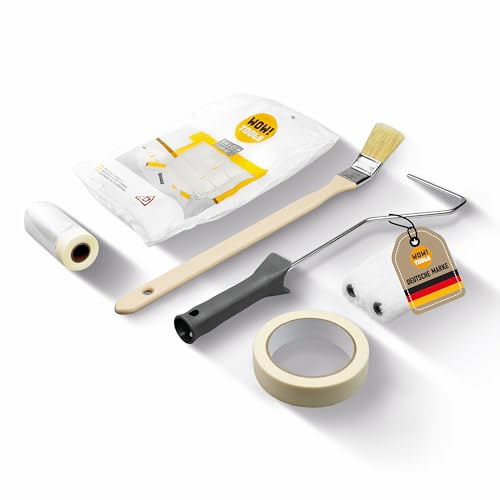 WOW!TOOLS Renovier-Set 7-teilig – Maler-Abdeckset mit Folie & Zubehör | Inklusive Heizkörperpinsel 50 mm, Farbroller, Malerband 24 mm und 2 Abdeckfolien (insgesamt 10 m²)