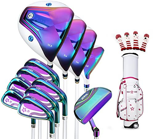 produkter Set med 12 golfklubbor för damer, föraren är ultratunn och hög rebound, lämplig för golf, utomhus, inomhus, damer, nybörjare, färg: färgseende