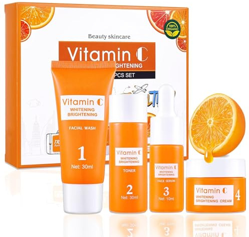 Set Regalo Cuidado de la Piel Mujer, Set de Cuidado Facial con Vitamina C, la piel de tamaño de viaje, Vitamina C Pack Regalo, para Nutre e Hidrata el Rostro, 4 piezas