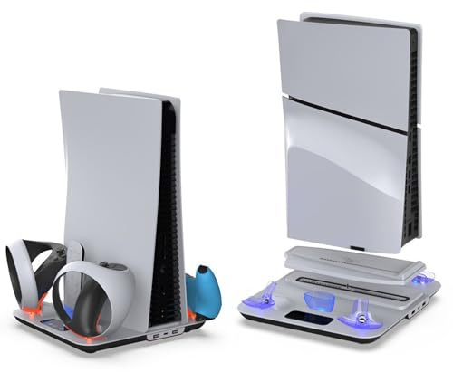 Gevvnss PS5/Slim/Pro Cooling Stand with Auto Turbofan & 3-Level Speeds,PS5 Stand,Cooling Station with Controller Charger,Charing Station for Playstation 5 Console,PS5/Slim/Pro Accessories