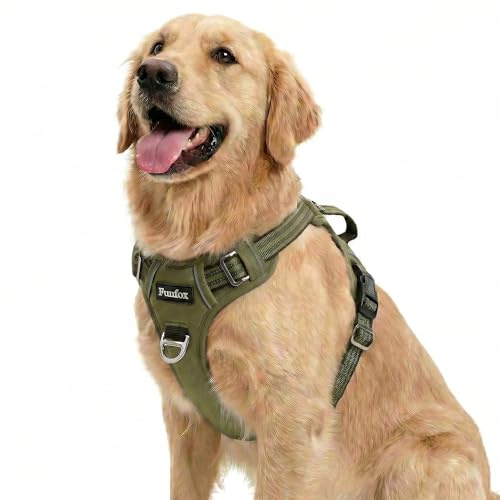 Funfox Hundegeschirr Kleine Hunde [L] - Anti Zug Welpengeschirr mit Griff & Ringreflektoren, Atmungsaktives Verstellbares No Pull Brustgeschirr für Kleine Mittelgroße Hunde Outdoor Militärgrün