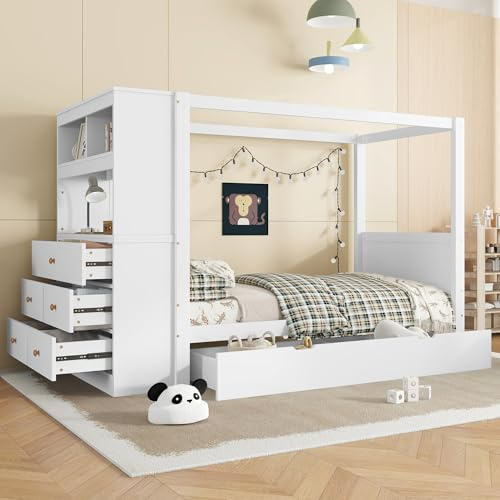 Merax Kinderbett 90x200cm, Hausbett mit Lagerschrank, 6 Schubladen & Offene Staufächer, Einzelbett Holzbett mit Lattenrost & Reichlich Stauraum, Multifunktional Jugendbett für Jungen und Mädchen, Weiß