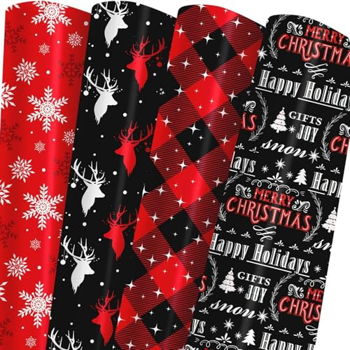 Lyroiphic Geschenkpapier Weihnachten Set – „Merry Christmas“-Schriftzug, Schwarz-Rot Karo, Rentiere & Schneeflocken | Weihnachtspapier für Geschenke & Basteln | 8 Bögen Gefaltet (50×70 cm)
