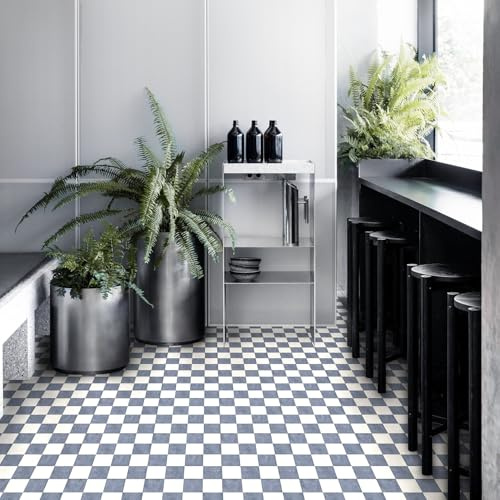 Alwayspon 30x30cmx10Pcs Self-adhesive Flooring Peel and Stick Vinyl Sticker, Non-slip Waterproof Vinyl Floor Tiles Decal for Kitchen Bathroom Living Room, White Blue Checkerboard
