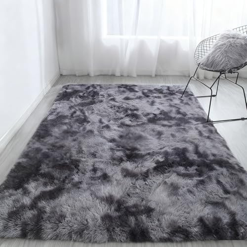 LIHUANE Kuscheliger Teppich 130 x 140 cm Waschbar Flauschig Flauschiger Fellteppich aus Kunstfell Anti-Rutsch Unterseite für Esszimmer Küchen Schlafzimmer, Dunkelgrau