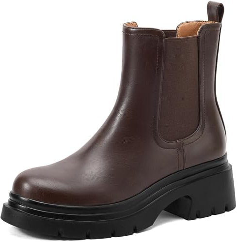 FEMSTEP Women's Chelsea Boots, Slip On Chunky Heel Womens Booties Platform Ankle Boots with Round Toe Elastic Dark Brown Ankle Boot for Casual Office Outdoor Shoes Size 8