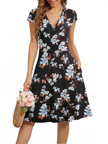 Beyove Vestido de verano para mujer, largo hasta la rodilla, cuello en V, vestido de flores, línea A, manga corta, vestido de jersey, floral, verano, vestido de playa, Flores negras y azules, L