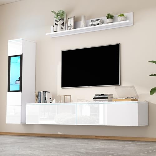 OKMYHOME Ensemble Meuble TV 3 pièces - Meuble Bas, Vitrine et Étagère Murale avec Éclairage LED - Design Moderne Salon - MDF et Verre - Blanc