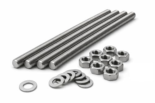 Varilla Roscada M4 M5 M6 M8 M10 M12 M16 M20 x 1000 mm Acero Inoxidable A2 Rosca Métrica Completa DIN 975 con Arandelas Inox DIN 125 y Tuercas Inox DIN 934. Pack 4 Varillas 8 Tuercas 8 arandelas (M8)